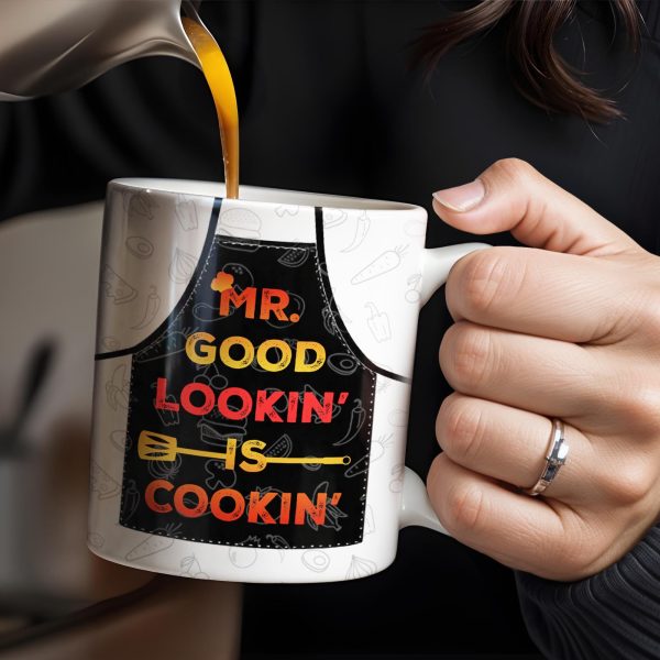 Mr. Good Lookin' Is Cookin' Apron And BBQ Grill Design - Personalized Custom Coffee Mug - GRILL004_MG Mr. Good Lookin' Is Cookin' Apron And BBQ Grill Design - Personalized Custom Coffee Mug - GRILL004_MG