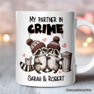 My Partner in Crime Love Racoons Personalized Mug For Couple, Funny Vintage Retro Gift With Custom Names