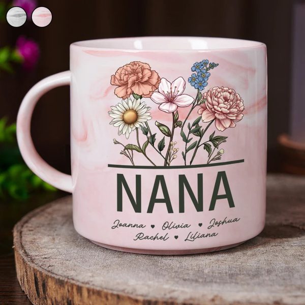 Nana Grandma Mom Birth Flowers - Personalized Marble Mug Nana Grandma Mom Birth Flowers - Personalized Marble Mug
