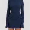 Navy Fluted Cuffs Long Sleeve Bodycon Mini Dress