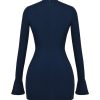 Navy Fluted Cuffs Long Sleeve Bodycon Mini Dress