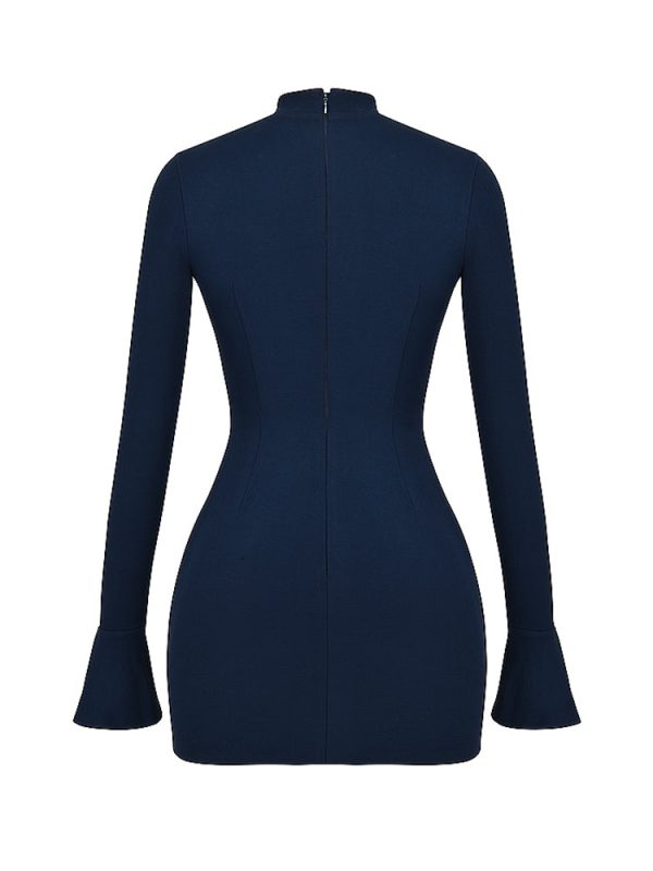 Navy Fluted Cuffs Long Sleeve Bodycon Mini Dress