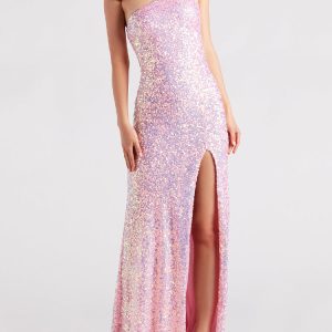 One-Shoulder Sequin High Side Slit A-line Formal Dress