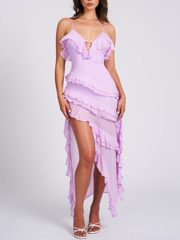 Open Back Ruffle Frill V Neck Split Maxi Dress Open Back Ruffle Frill V Neck Split Maxi Dress