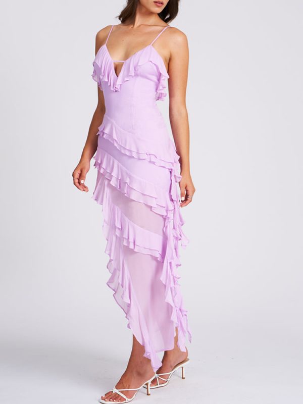 Open Back Ruffle Frill V Neck Split Maxi Dress Open Back Ruffle Frill V Neck Split Maxi Dress