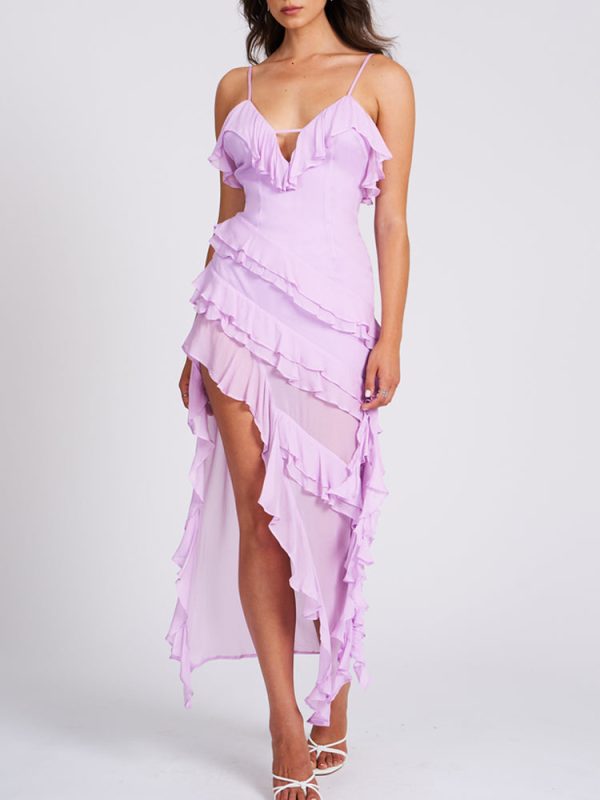 Open Back Ruffle Frill V Neck Split Maxi Dress Open Back Ruffle Frill V Neck Split Maxi Dress