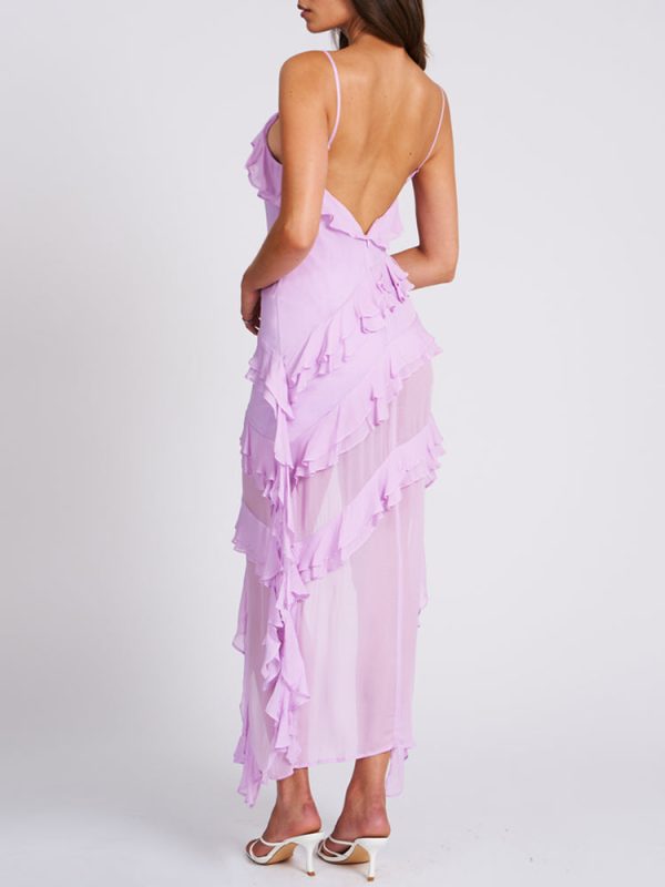 Open Back Ruffle Frill V Neck Split Maxi Dress Open Back Ruffle Frill V Neck Split Maxi Dress