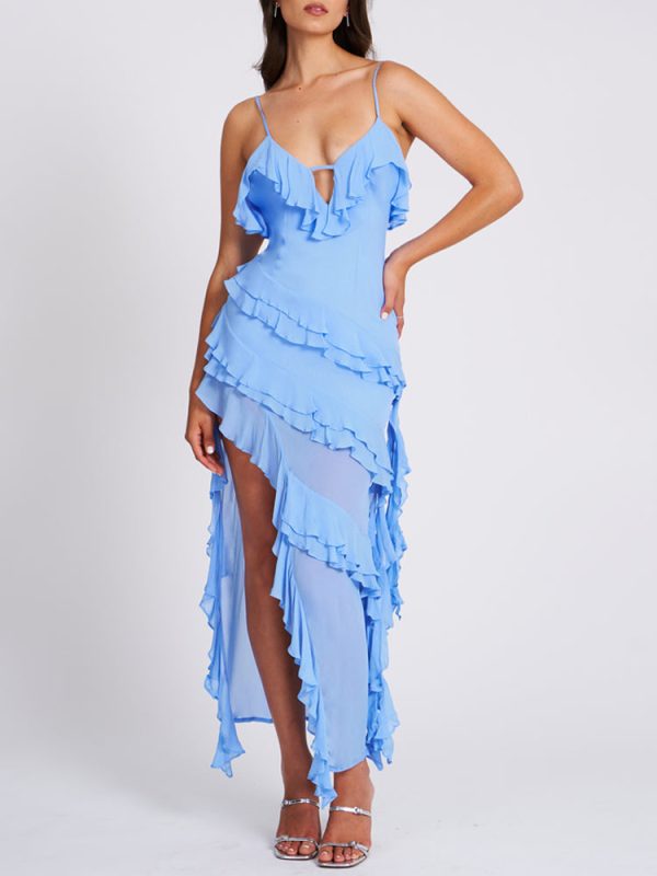 Open Back Ruffle Frill V Neck Split Maxi Dress Open Back Ruffle Frill V Neck Split Maxi Dress