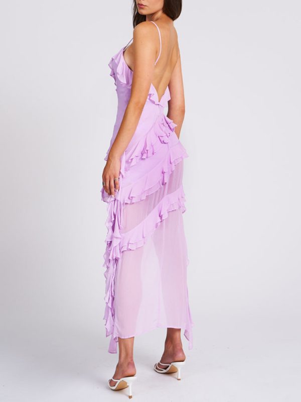 Open Back Ruffle Frill V Neck Split Maxi Dress Open Back Ruffle Frill V Neck Split Maxi Dress