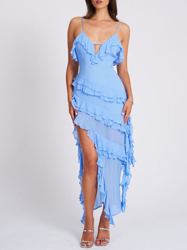 Open Back Ruffle Frill V Neck Split Maxi Dress Open Back Ruffle Frill V Neck Split Maxi Dress