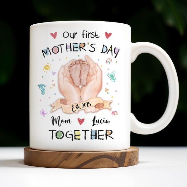 Our First Mother's Day, Mom and Lucia Together, Baby Feet and Hearts - Personalized Custom Coffee Mug - MOM094_MG Our First Mother's Day, Mom and Lucia Together, Baby Feet and Hearts - Personalized Custom Coffee Mug - MOM094_MG