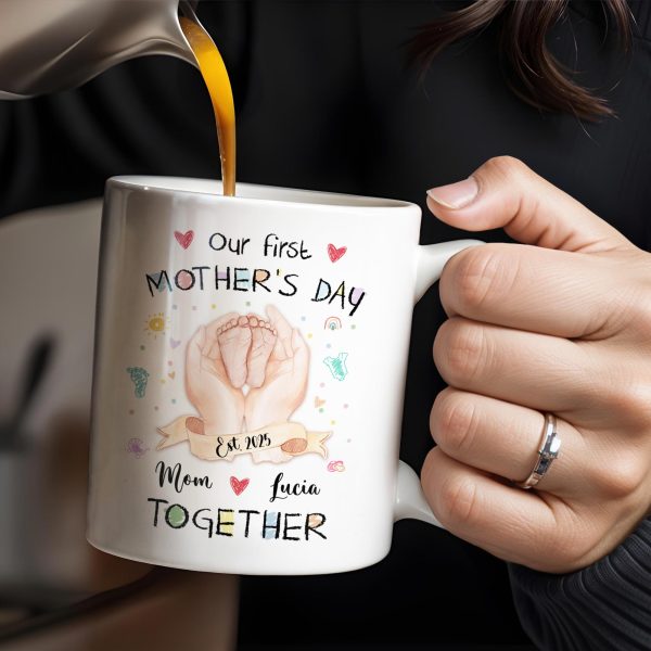 Our First Mother's Day, Mom and Lucia Together, Baby Feet and Hearts - Personalized Custom Coffee Mug - MOM094_MG Our First Mother's Day, Mom and Lucia Together, Baby Feet and Hearts - Personalized Custom Coffee Mug - MOM094_MG