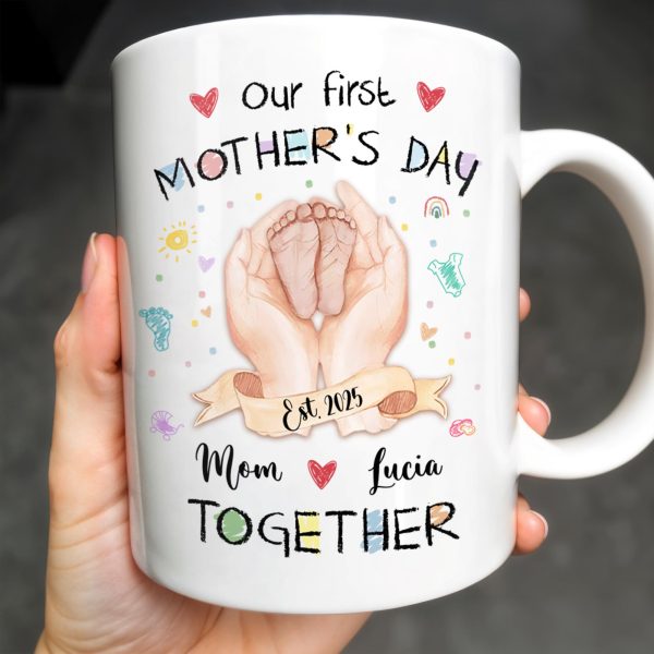 Our First Mother's Day, Mom and Lucia Together, Baby Feet and Hearts - Personalized Custom Coffee Mug - MOM094_MG Our First Mother's Day, Mom and Lucia Together, Baby Feet and Hearts - Personalized Custom Coffee Mug - MOM094_MG