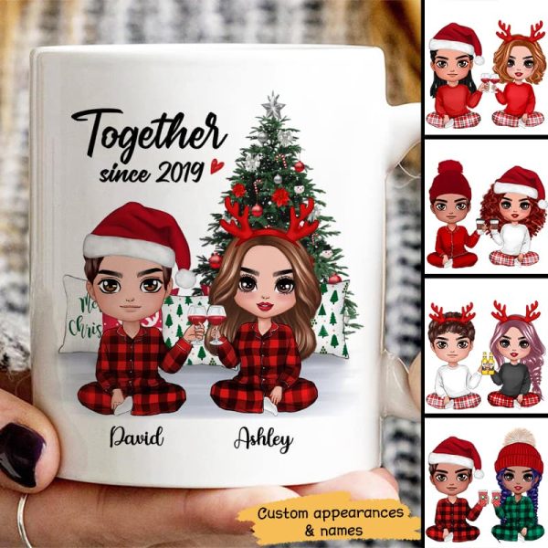 Pajama Doll Couple Sitting Beside Christmas Tree Personalized Mug Pajama Doll Couple Sitting Beside Christmas Tree Personalized Mug