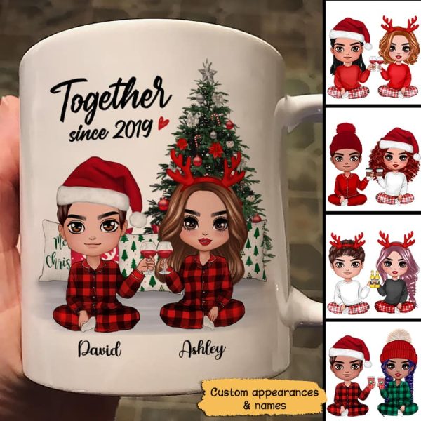 Pajama Doll Couple Sitting Beside Christmas Tree Personalized Mug Pajama Doll Couple Sitting Beside Christmas Tree Personalized Mug