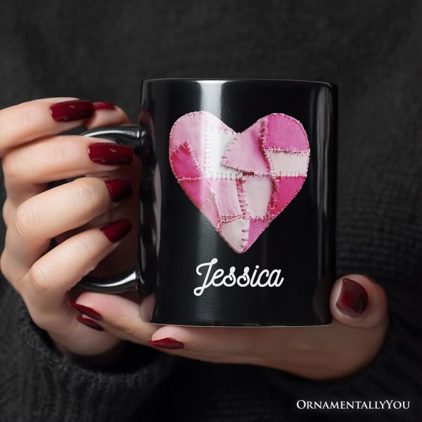 Patchwork Pink Heart Valentine Personalized Mug, Love Retro Coquette Gift with Custom Name Patchwork Pink Heart Valentine Personalized Mug, Love Retro Coquette Gift with Custom Name