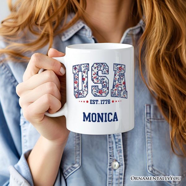 Patriotic USA Floral Personalized Mug, 1776 Independence Day Gift with Custom Name Patriotic USA Floral Personalized Mug, 1776 Independence Day Gift with Custom Name