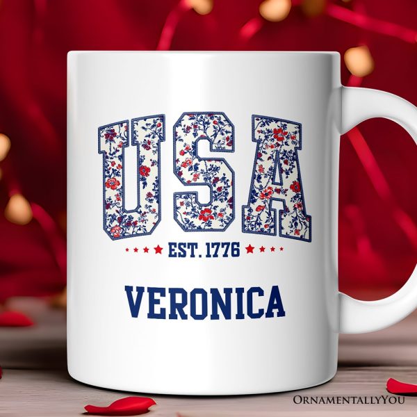 Patriotic USA Floral Personalized Mug, 1776 Independence Day Gift with Custom Name Patriotic USA Floral Personalized Mug, 1776 Independence Day Gift with Custom Name