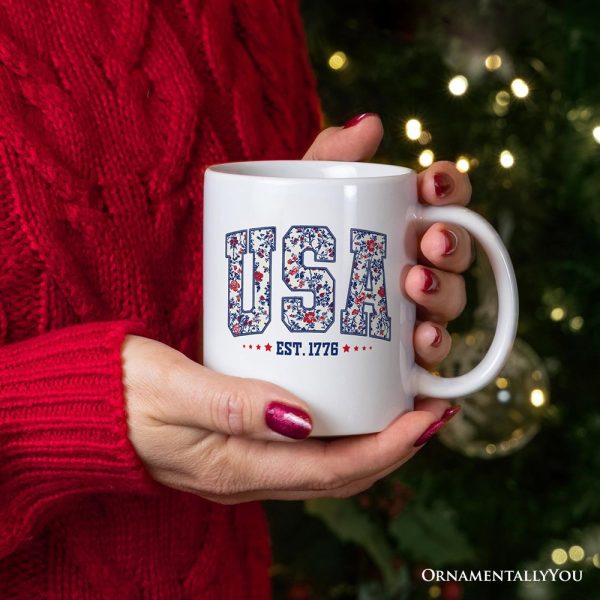 Patriotic USA Floral Personalized Mug, 1776 Independence Day Gift with Custom Name Patriotic USA Floral Personalized Mug, 1776 Independence Day Gift with Custom Name