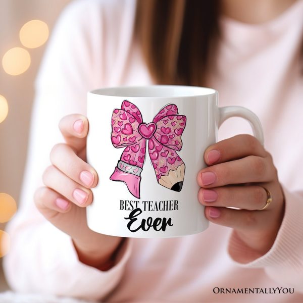 Pencil Coquette Teacher Bow Personalized Mug, Cute Appreciation Present, Back To School Gift With Custom Name Pencil Coquette Teacher Bow Personalized Mug, Cute Appreciation Present, Back To School Gift With Custom Name