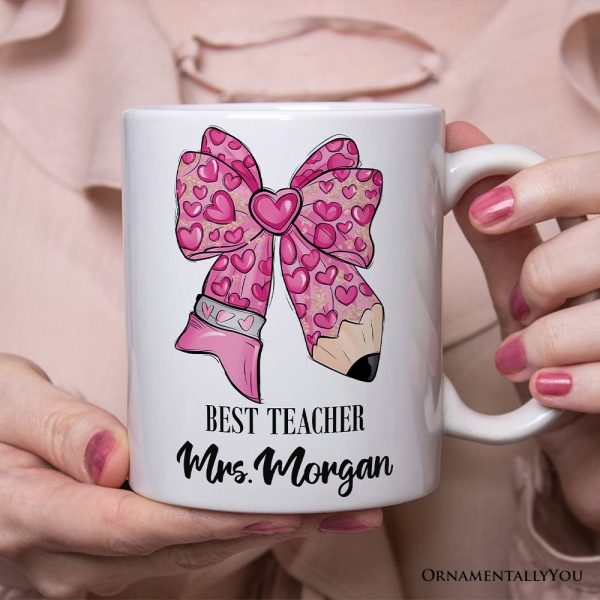 Pencil Coquette Teacher Bow Personalized Mug, Cute Appreciation Present, Back To School Gift With Custom Name Pencil Coquette Teacher Bow Personalized Mug, Cute Appreciation Present, Back To School Gift With Custom Name