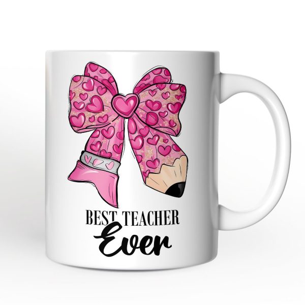 Pencil Coquette Teacher Bow Personalized Mug, Cute Appreciation Present, Back To School Gift With Custom Name Pencil Coquette Teacher Bow Personalized Mug, Cute Appreciation Present, Back To School Gift With Custom Name