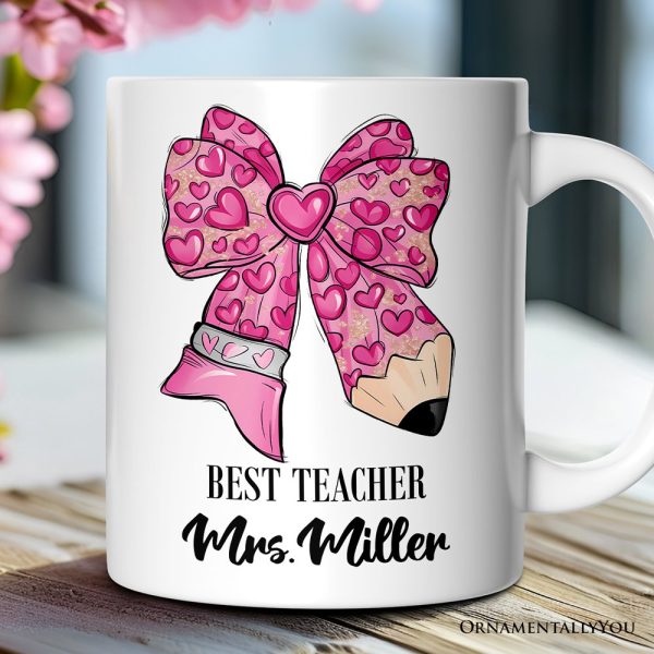 Pencil Coquette Teacher Bow Personalized Mug, Cute Appreciation Present, Back To School Gift With Custom Name Pencil Coquette Teacher Bow Personalized Mug, Cute Appreciation Present, Back To School Gift With Custom Name