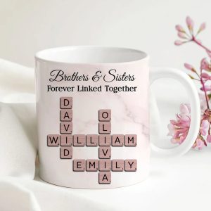 Personalized Brothers And Sisters Mug With Crossword Names White Ceramic Mug Unique Sibling Gift Keepsake