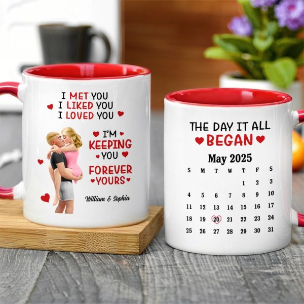 Personalized Ceramic Mug Calendar 'The Day It All Began' Couple Design - Unique Valentine's Gift For Girlfriend Or Boyfriend