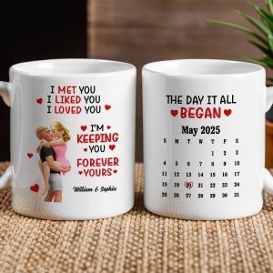 Personalized Ceramic Mug Calendar 'The Day It All Began' Couple Design - Unique Valentine's Gift For Girlfriend Or Boyfriend