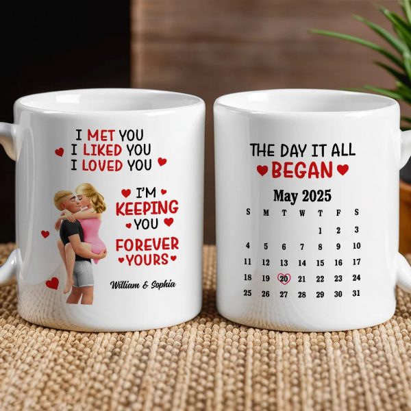 Personalized Ceramic Mug Calendar 'The Day It All Began' Couple Design - Unique Valentine's Gift For Girlfriend Or Boyfriend