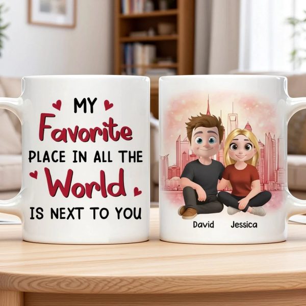 Personalized Ceramic Mug Cartoon Couple Sitting by City Skyline Unique Romantic Gift for Him or Her Personalized Ceramic Mug Cartoon Couple Sitting by City Skyline Unique Romantic Gift for Him or Her