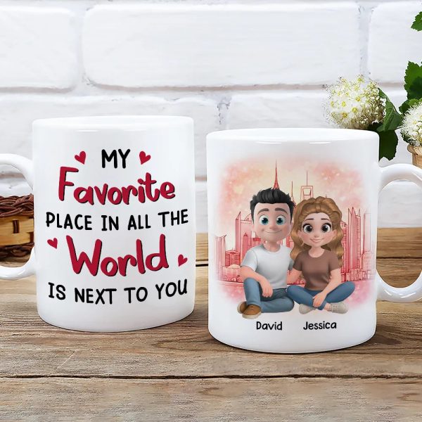 Personalized Ceramic Mug Cartoon Couple Sitting by City Skyline Unique Romantic Gift for Him or Her Personalized Ceramic Mug Cartoon Couple Sitting by City Skyline Unique Romantic Gift for Him or Her