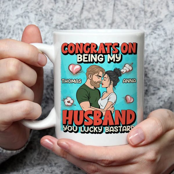 Personalized Ceramic Mug Congrats On Being My Husband Cute Cartoon Couple Hugging Funny Unique Gift For Him Personalized Ceramic Mug Congrats On Being My Husband Cute Cartoon Couple Hugging Funny Unique Gift For Him