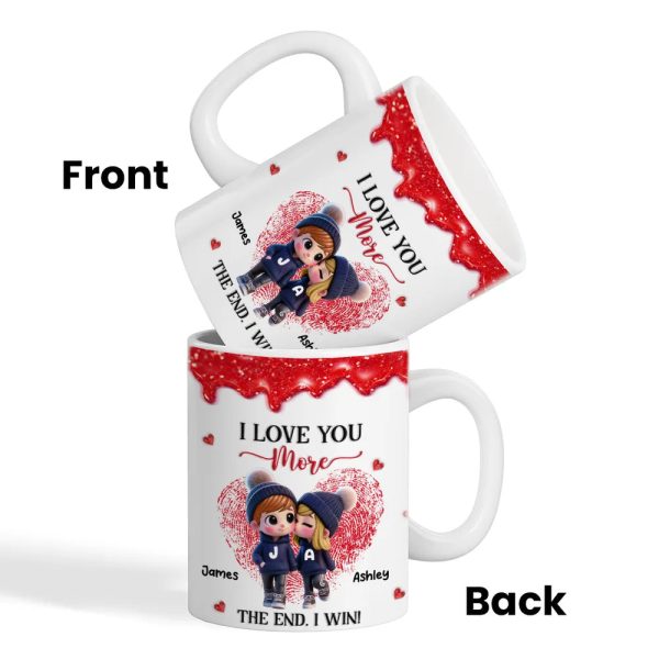 Personalized Ceramic Mug, Cute Cartoon Couple Kissing with Hearts, I Love You More I Win, Unique Valentine's Gift for Him or Her