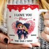 Personalized Ceramic Mug, Cute Cartoon Couple Kissing with Hearts, I Love You More I Win, Unique Valentine's Gift for Him or Her