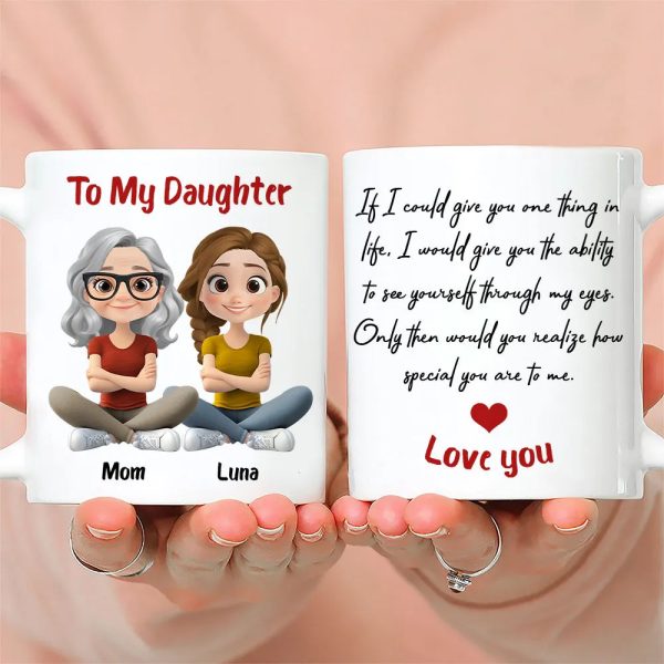Personalized Ceramic Mug To My Daughter with Cute Mom and Daughter Illustration, Unique Gift for Daily Coffee Love Personalized Ceramic Mug To My Daughter with Cute Mom and Daughter Illustration, Unique Gift for Daily Coffee Love