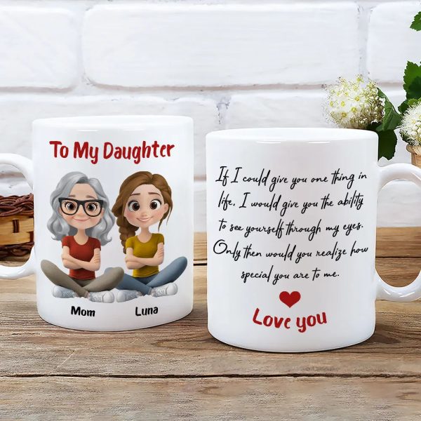 Personalized Ceramic Mug To My Daughter with Cute Mom and Daughter Illustration, Unique Gift for Daily Coffee Love Personalized Ceramic Mug To My Daughter with Cute Mom and Daughter Illustration, Unique Gift for Daily Coffee Love