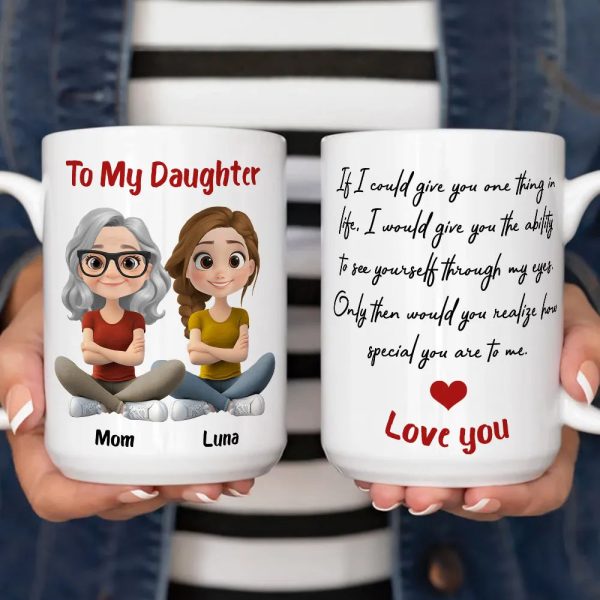 Personalized Ceramic Mug To My Daughter with Cute Mom and Daughter Illustration, Unique Gift for Daily Coffee Love Personalized Ceramic Mug To My Daughter with Cute Mom and Daughter Illustration, Unique Gift for Daily Coffee Love