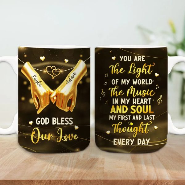 Personalized Ceramic Mug With Holding Hands and Heart, Romantic Custom Gift for Couple, You Are The Light Of My World