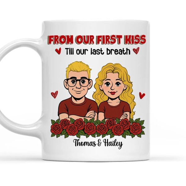 Personalized Couple Cartoon White Ceramic Mug, From Our First Kiss Till Our Last Breath, Unique Romantic Gift Personalized Couple Cartoon White Ceramic Mug, From Our First Kiss Till Our Last Breath, Unique Romantic Gift