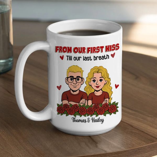 Personalized Couple Cartoon White Ceramic Mug, From Our First Kiss Till Our Last Breath, Unique Romantic Gift Personalized Couple Cartoon White Ceramic Mug, From Our First Kiss Till Our Last Breath, Unique Romantic Gift