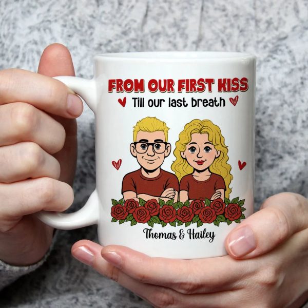 Personalized Couple Cartoon White Ceramic Mug, From Our First Kiss Till Our Last Breath, Unique Romantic Gift Personalized Couple Cartoon White Ceramic Mug, From Our First Kiss Till Our Last Breath, Unique Romantic Gift
