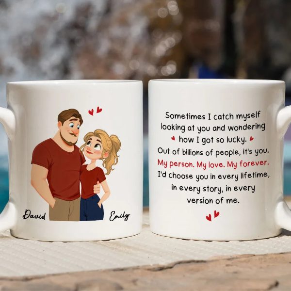Personalized Couple Quote Ceramic Mug, Hugging Illustration for Morning Coffee, Unique Romantic Gift for Him or Her