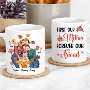Personalized Gift for Mother or Daughter Ceramic Mug Featuring Hugging Scene with 'First Our Mother, Forever Our Friend'