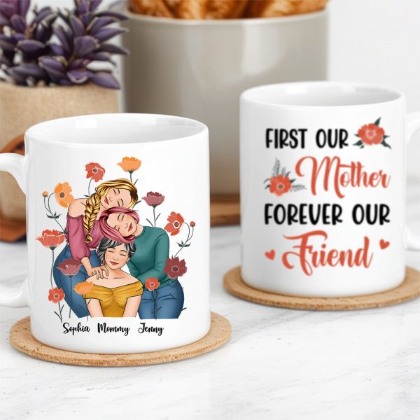 Personalized Gift for Mother or Daughter Ceramic Mug Featuring Hugging Scene with 'First Our Mother, Forever Our Friend'