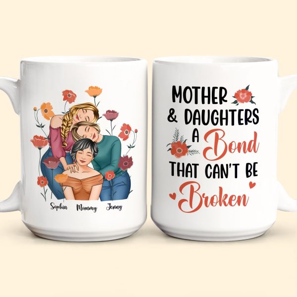 Personalized Gift for Mother or Daughter Ceramic Mug Featuring Hugging Scene with 'First Our Mother, Forever Our Friend'