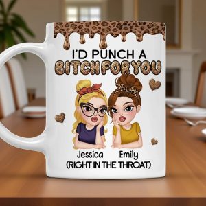 Personalized Sassy Best Friend Ceramic Mug With Cartoon Besties And Hearts, Funny Unique Gift For Coworker Or BFF