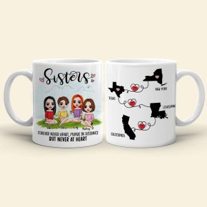 Personalized Sister Map Mug, Apart In Distance But Never At Heart, Gift for Sisters In Long Distance