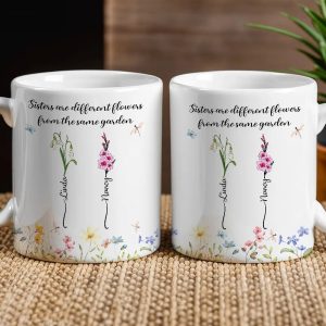 Personalized Sisters Mug with Birth Flowers Ceramic Gift